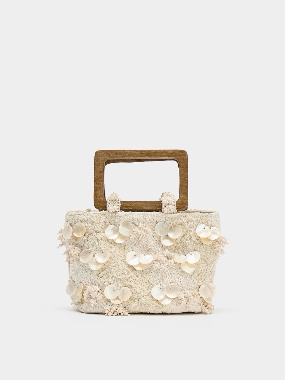 Zara Cream Beaded Mini Tote with Wooden Handles